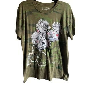 Popeye The Sailor Man Camo Bleach Back Grunge Retro Cartoon Graphic T-Shirt L